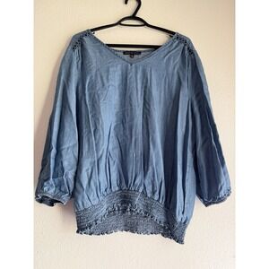 Adrienne Vittadini Chambray Blouse Top XL Long Sleeve V-Neck Smocked Waist Boho